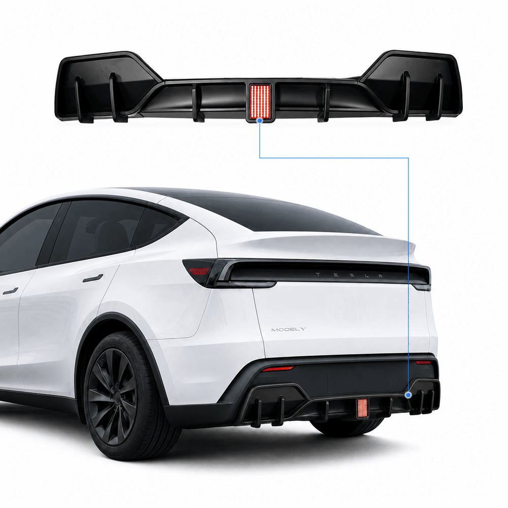 FACIA Rear Bumper Lip Spoiler and Diffuser with Flashing LED Pilot Brake Light for Model Y Juniper
