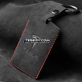 FACIA Alcantara Key Card Holder for Model 3/Y Italian Material Hook and Keychain White Stitching