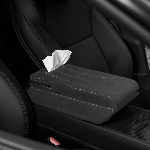 FACIA Suede Armrest Cover with Raised Pad and Tissue Box for Model Y Juniper and Model 3 Highland